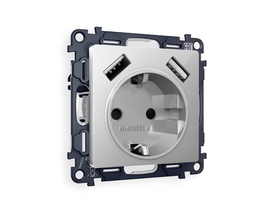 MA409010 Комплект механизма электрической розетки ALFA Серебро глянец 2USB A+A 18W (быстрая зарядка) с/з QUANT (AP4090, VM155) , AMBRELLA VOLT, MA409010 - фото 92209