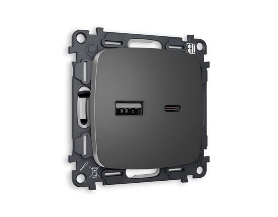 MO661010 Комплект механизма розетки OMEGA Антрацит серый 2USB A+C 20W (быстрая зарядка) QUANT (OP6610, VM177), AMBRELLA VOLT, MO661010 - фото 92707